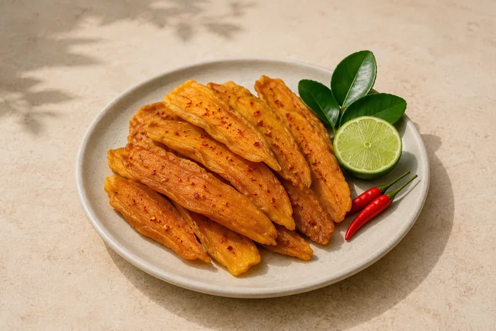 Dried mango seasoned with chili alongside fresh lime