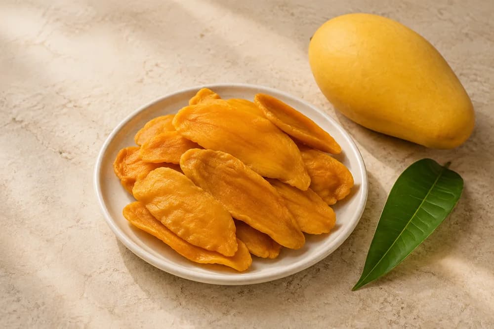 A plate of golden dried mango slices beside a whole ripe mango