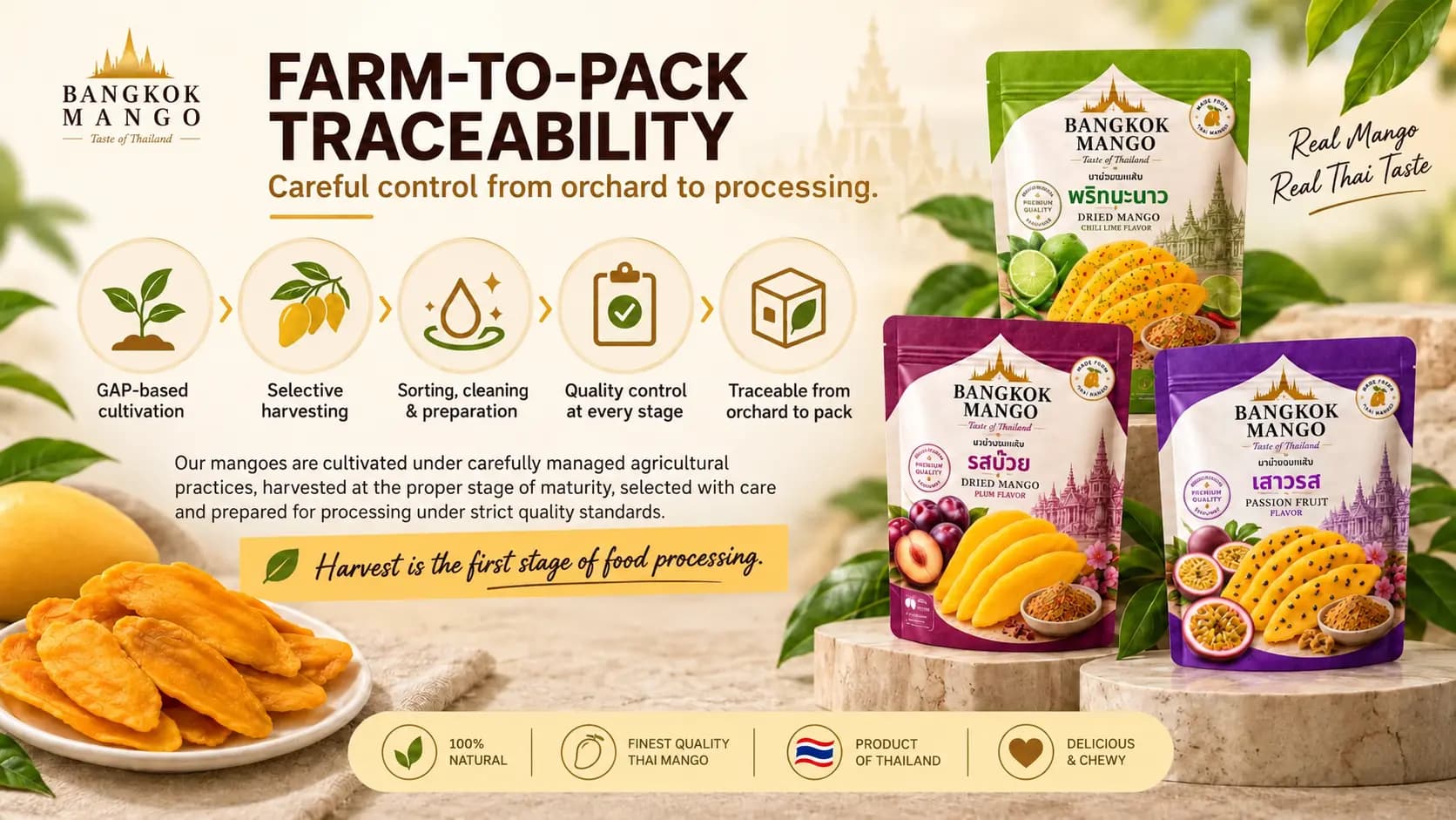 Farm-to-pack traceability: GAP-based cultivation, selective harvesting, sorting, cleaning and preparation, quality control at every stage, traceable from orchard to pack.