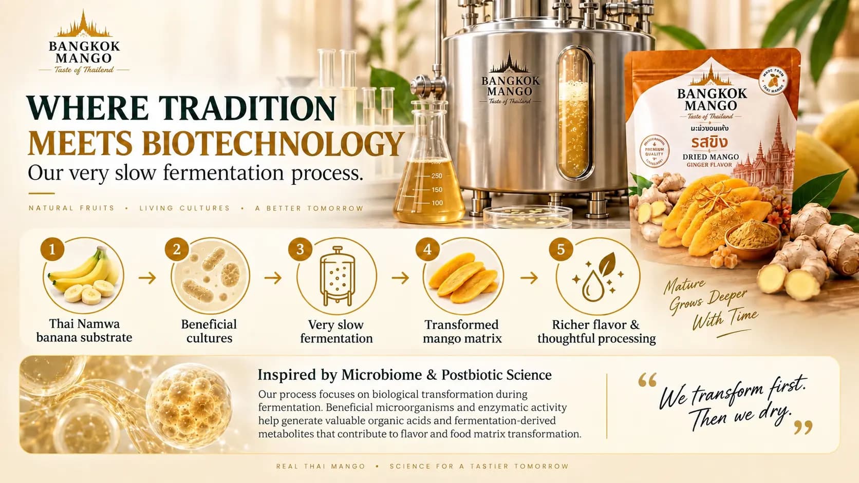 Where tradition meets biotechnology: Thai Namwa banana substrate, beneficial cultures, very slow fermentation, transformed mango matrix, richer flavor and thoughtful processing.