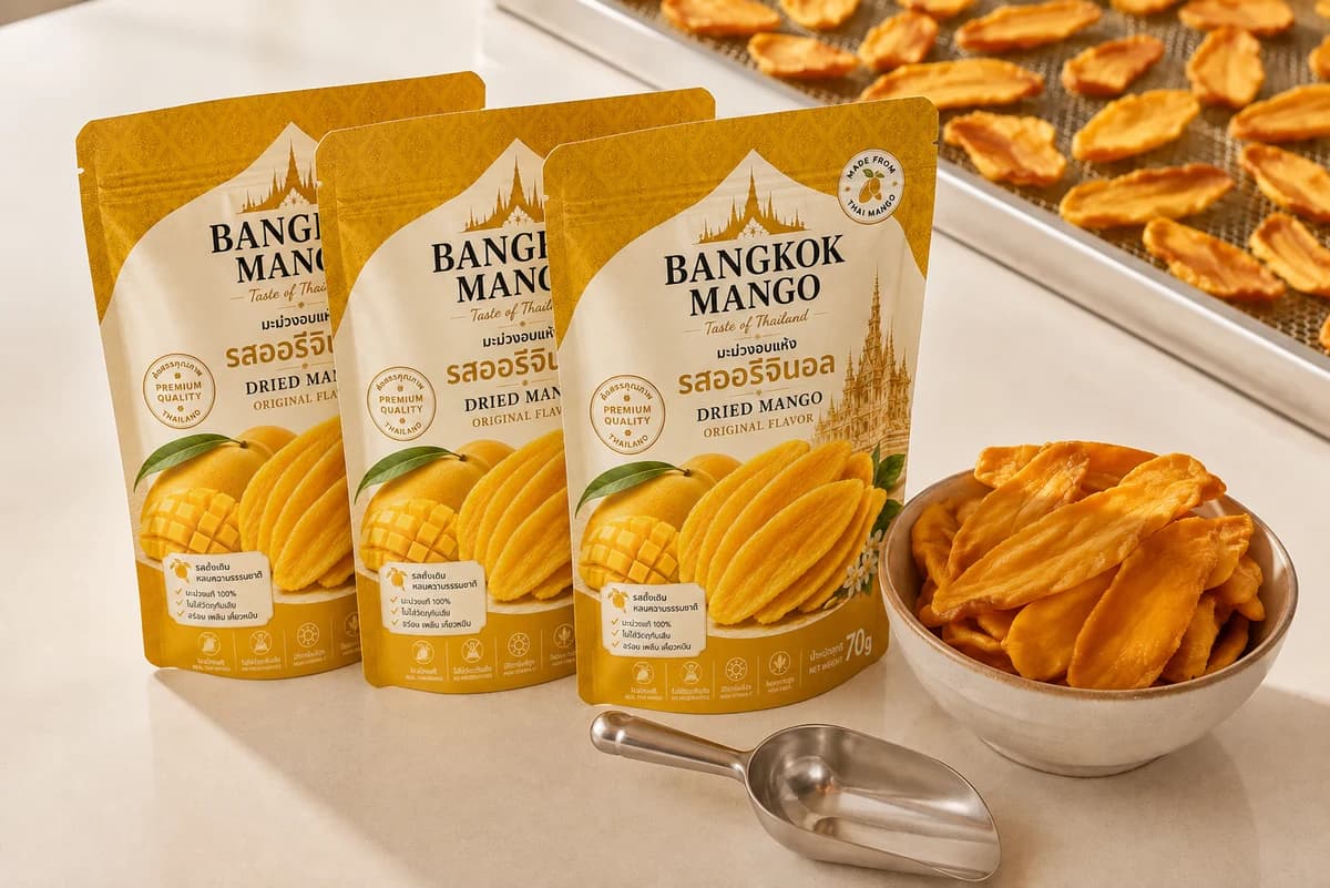 Gold and ivory Bangkok Mango Original Flavor pouches beside dried mango and a packing scoop