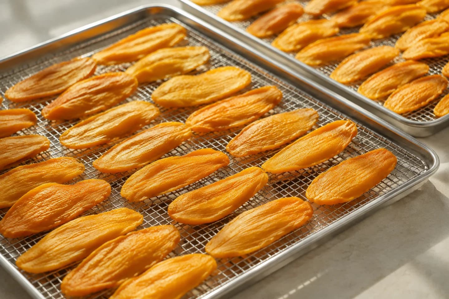 Golden mango slices spread across mesh drying trays