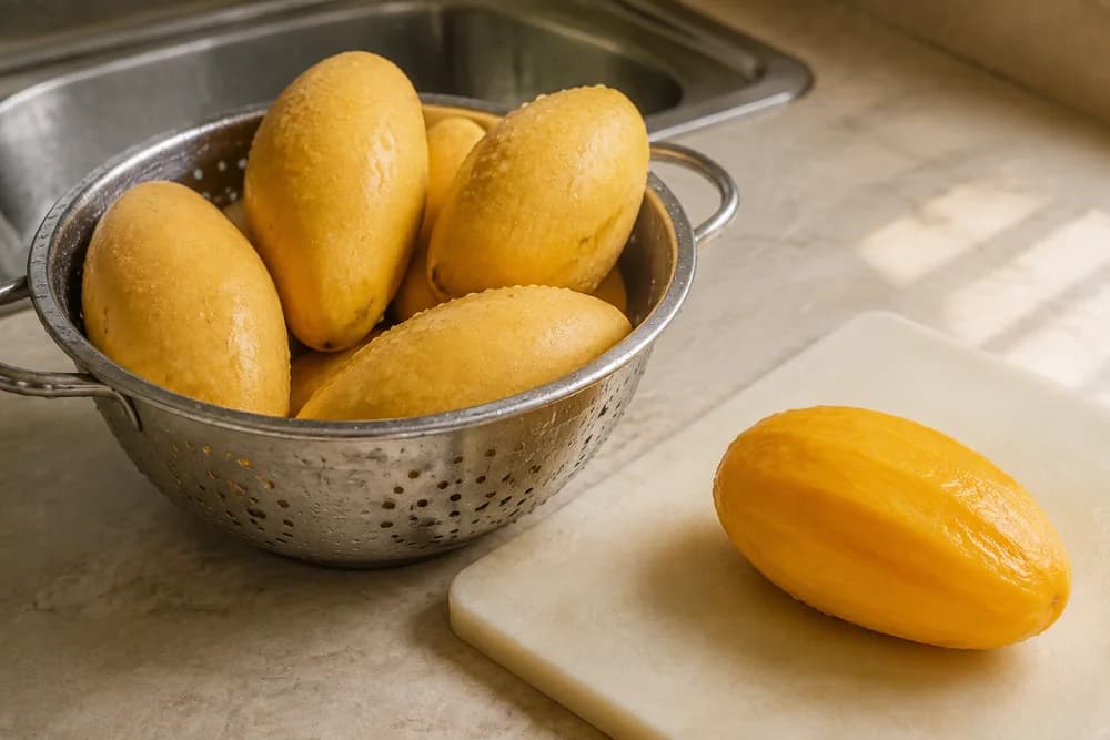 Washed mangoes in a colander beside a peeled mango
