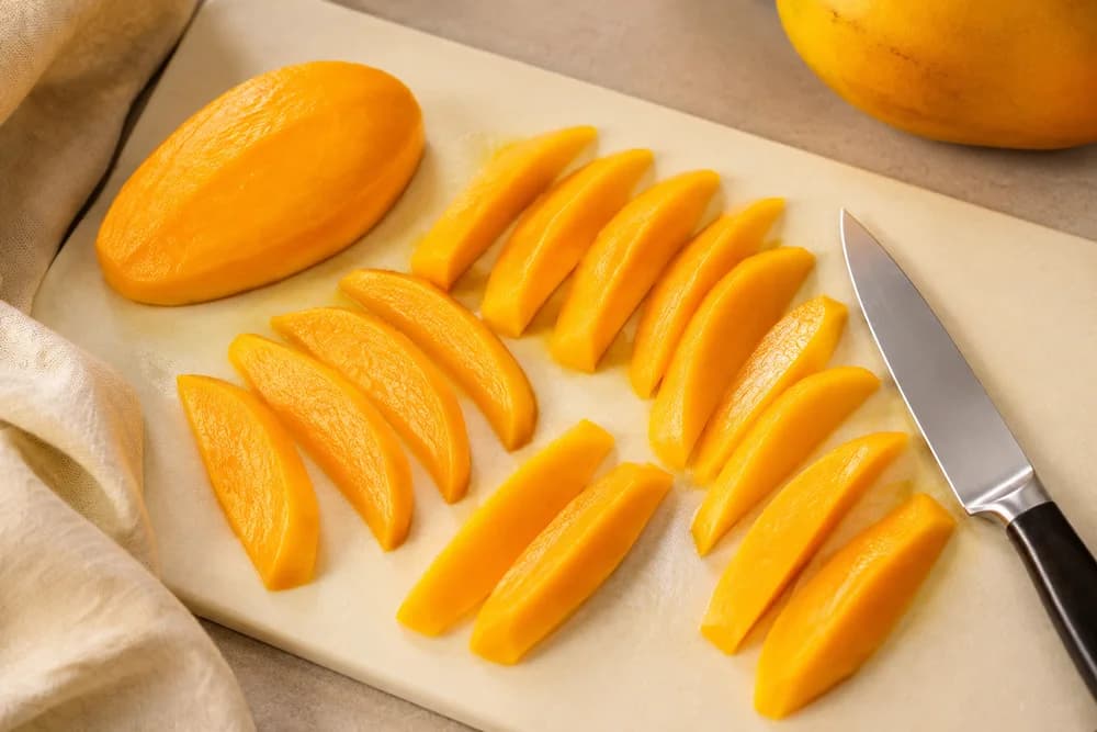 Even mango slices arranged on a cutting board