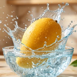 A mango being washed in splashing water