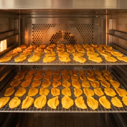 Mango slices on trays inside a drying cabinet