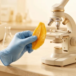 A dried mango slice held beside a laboratory microscope
