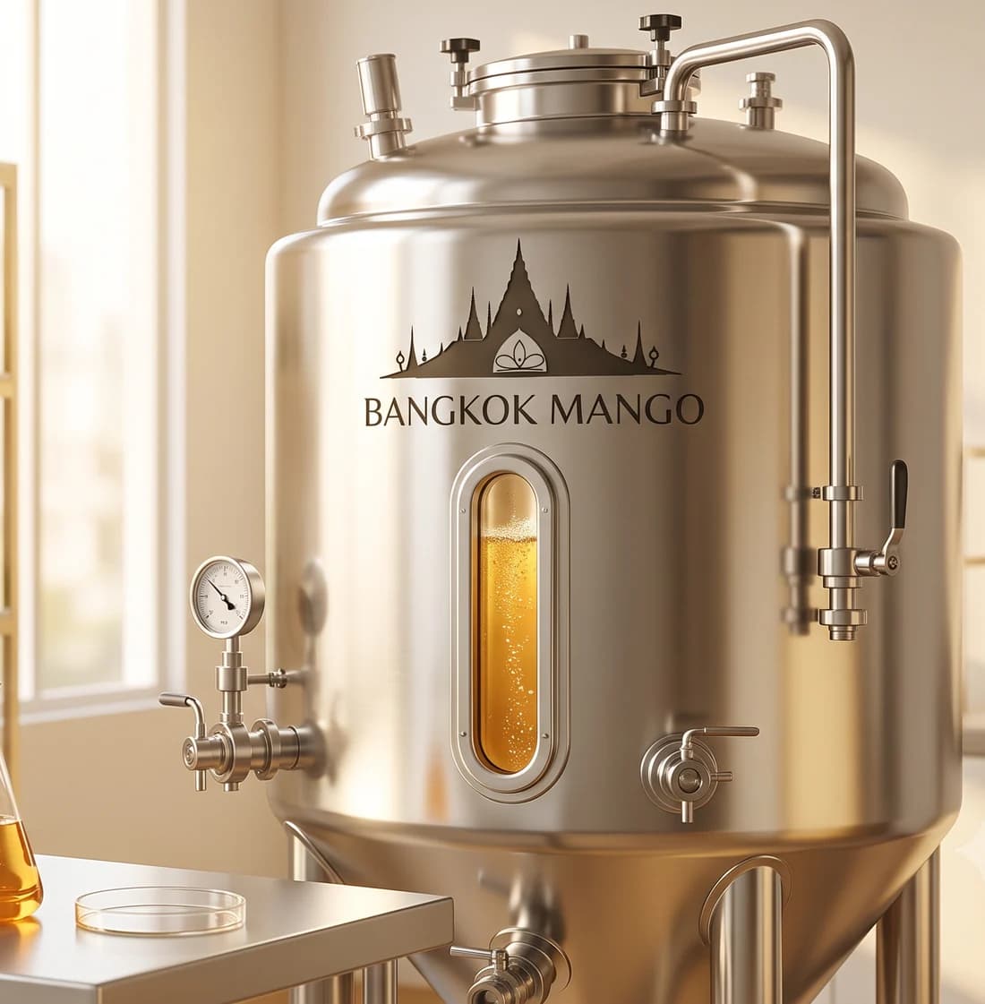 Stainless-steel Bangkok Mango fermentation tank with a sight glass of bubbling culture beside a laboratory flask