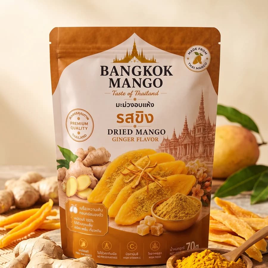 Bangkok Mango Ginger flavor dried mango pouch with fresh ginger