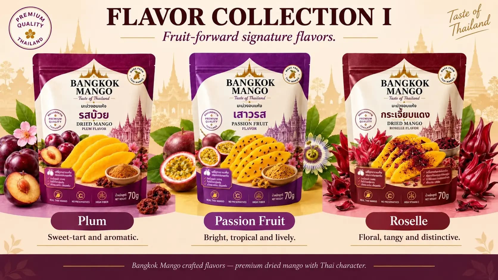 Flavor Collection I, fruit-forward signature flavors: Plum (sweet-tart and aromatic), Passion Fruit (bright, tropical and lively) and Roselle (floral, tangy and distinctive) dried mango pouches.